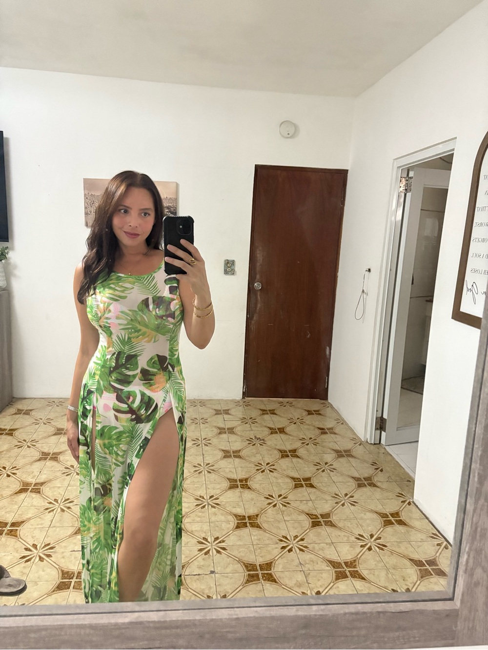 Tropical Green Leaf High-Slit Maxi Dress